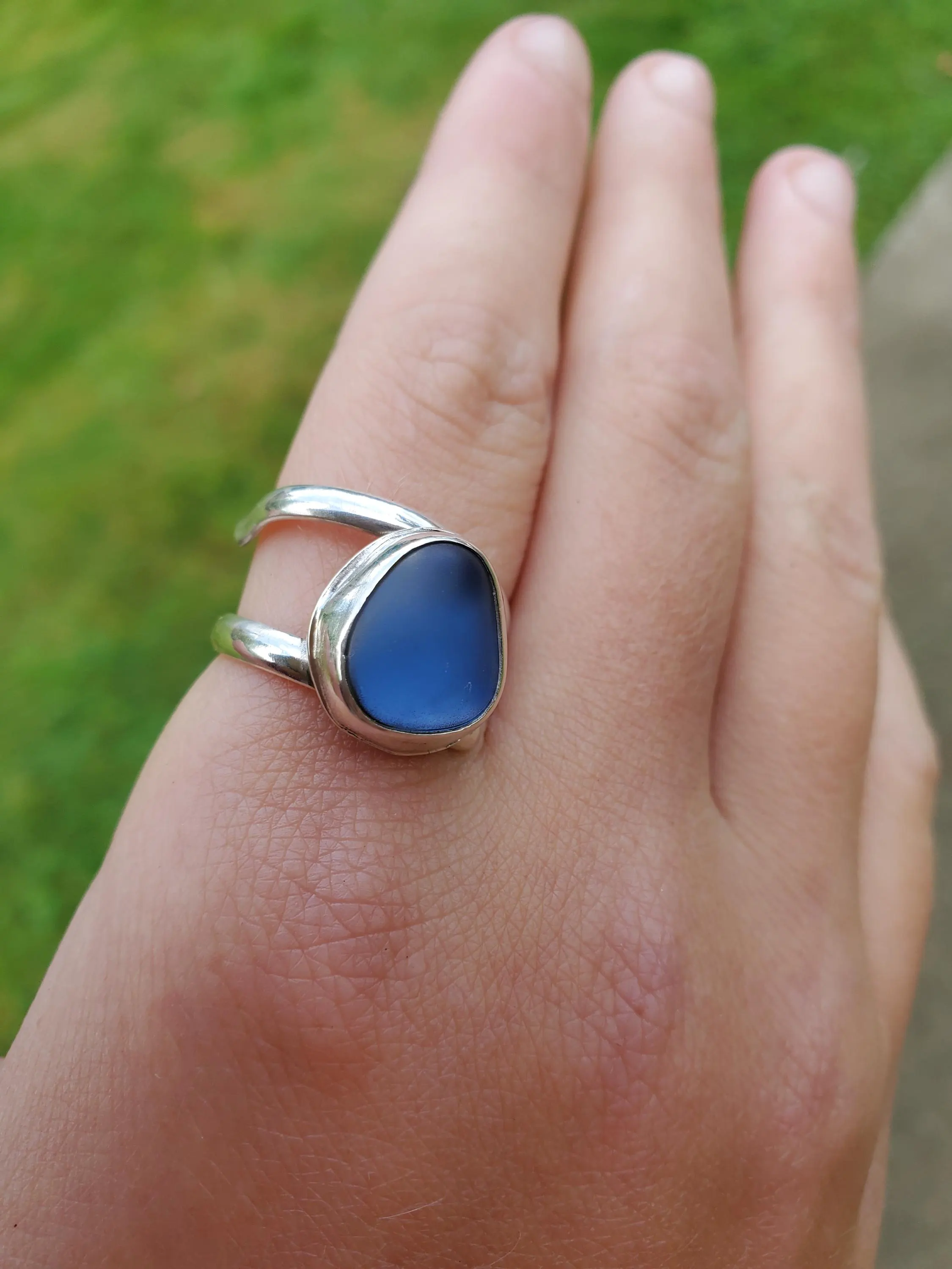 Fine Silver Sea Glass Ring Adjustable from size 4 to 11. Gorgeous blue color.